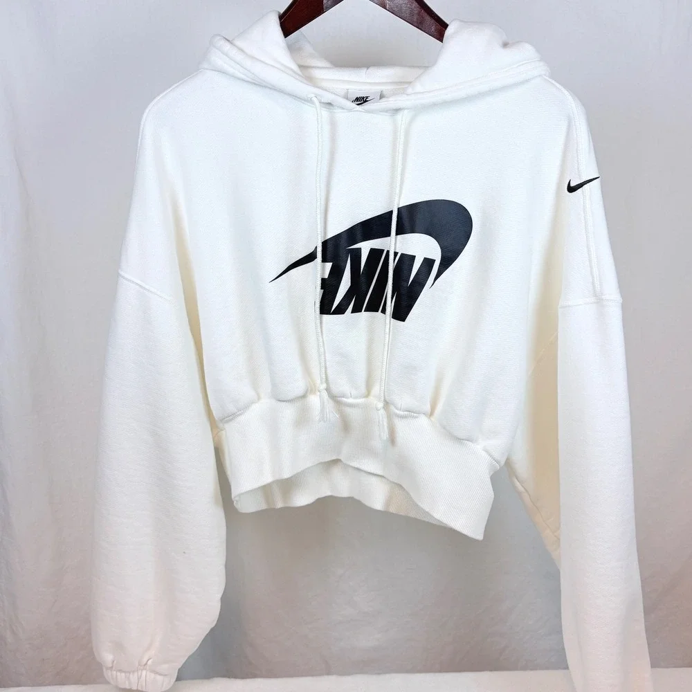 Nike Upside Down Logo  Oversized Cropped French Terry Hoodie White Black Large